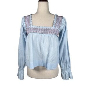 Cake For Dinner Smocked‎ Blouse Womens Small Blue Square Neck Cotton Boho Top